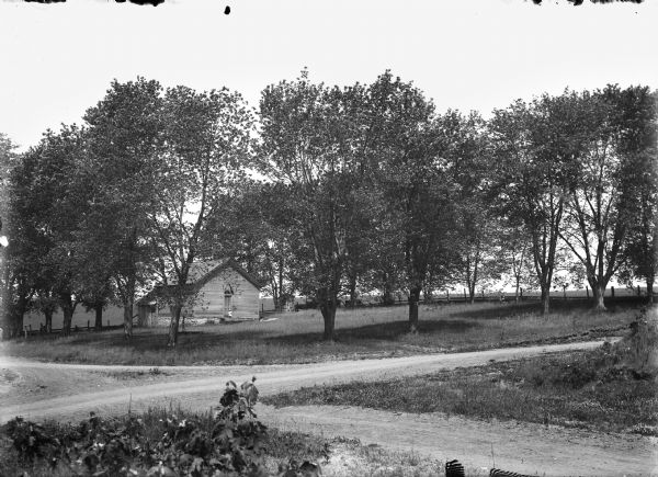 View from crossroads of the one-room Bloomington School surrounded by  trees. A small girl stands near the front door.