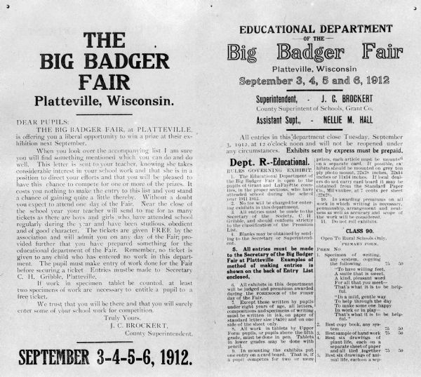 Announcement from the Educational Department of the Big Badger Fair, held September 3-6, 1912 in Platteville.