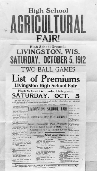 High School Agricultural Fair broadside stating that the event will be held on the High School Fairgrounds of Livingston on October 5.