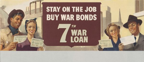 Treasury Design, title and number unknown. The poster features a blue-collar couple holding up war bonds on the left, and a white-collar couple holding up war bonds on the right. The sign with the text has been placed in the center, between the two couples.