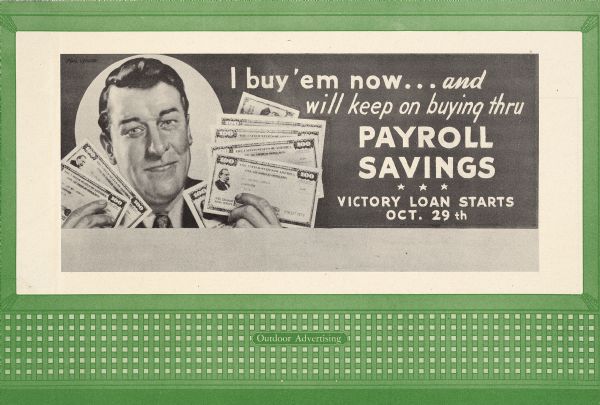 Treasury Design, unknown title and number. The poster features a man in a suit jacket and tie holding up 100-dollar war savings bonds in both hands.