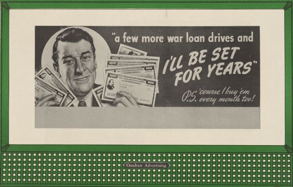 Treasury Design No. 54, "I'll Be Set." The poster features a man in a suit jacket and tie holding up 100-dollar war savings bonds in both hands.
