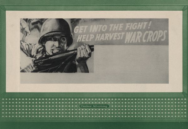 Office of War Information Design No. 1, "Harvest War Crops." The poster features a solder raising his gun to fire.