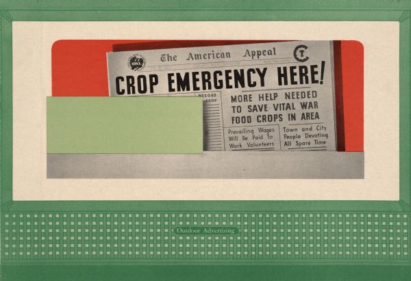 Office of War Information Design No. 2, "Crop Emergency." The poster features a newspaper theme. The newspaper title is "The American Appeal." The main article title is "Crop Emergency Here!" with the subtitle "More Help Needed to Save Vital War Food Crops in Area." The sub-articles appear under the headings "Prevailing Wages Will Be Paid to Work Volunteers," and "Town and City People Devoting All Spare Time."