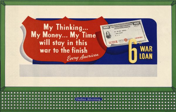 Treasury Design No. 49, "Shield." The poster features a red shield against a blue background with the caption text placed within the shield. To the right of the shield is a War Savings Bond from Series E made out to Mr. and Mrs. America of 1 Main Street, U.S.A.