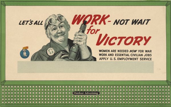 War Manpower Commission Design No. 11, "Grandma." The poster features a smiling older matronly woman in a worker's uniform with goggles on her head holding up a mechanical tool. The subtitle below the main caption reads: "Women are needed now for war work and essential civilian jobs. Apply U.S. Employment Service."