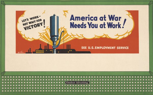 War Manpower Commission Design No. 12, "Whistle." The poster features a whistle blowing and emitting smoke with the silhouette of a factory in the background. The subtitle below the main caption reads: "See U.S. Employment Service." A credit to Burroughs appears in the bottom left corner.