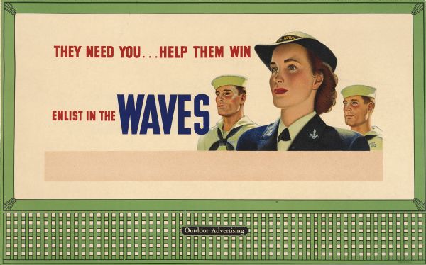 WAVES Design No. 2, "WAVE and Sailors." The poster features a woman in a naval uniform, with two sailors standing behind her. WAVES is the acronym for Women Accepted for Volunteer Emergency Service.