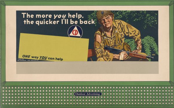 Office of Civilian Defense Design No. 9, "The Marine." The poster features a wounded marine sitting with a gun held in one hand, framed against a forest backdrop. There is also a logo for OCD, the Office of Civilian Defense. The subtitle at the bottom of the poster reads: "One way you can help. This is an official OCD bulletin."