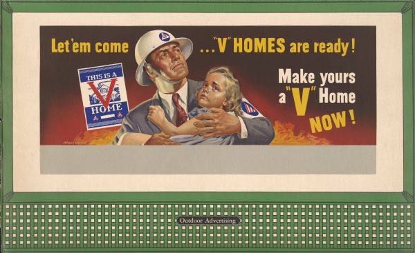 Office of Civilian Defense Design No. 1, untitled. The poster features a businessman, wearing a white helmet with the Civilian Defense logo, and a small girl cradled in his arms.