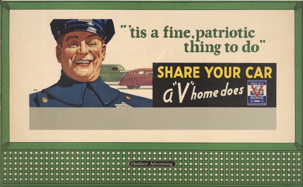 Office of Civilian Defense Design No. 2, "Policeman." The poster features a police officer with cars passing behind him. The subtitle below the main caption reads: "A 'V' Home Does!"