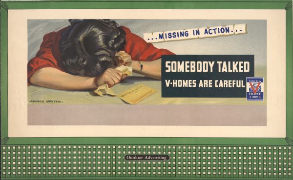Office of Civilian Defense Design No. 3, Untitled. The poster features a woman with her face buried in her arms, clutching a letter in one hand. The subtitle below the main caption reads: "V-Homes Are Careful."