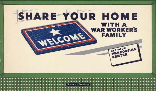 National Housing Agency Design No. 1, "Welcome Mat." The poster features a red, white, and blue welcome mat on a doorstep. In the bottom right corner the audience is instructed to "See Your War Housing Center."