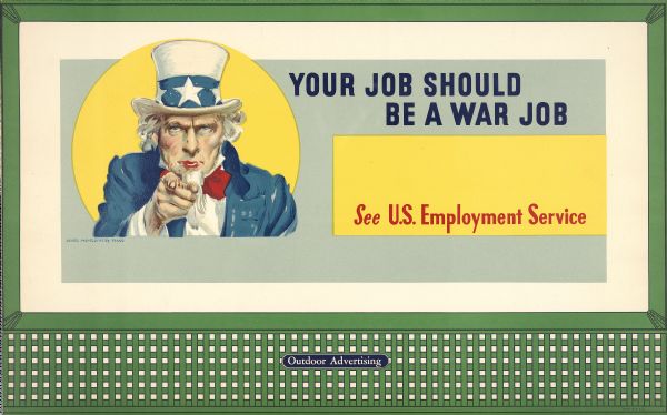 War Manpower Commission Design No. 5, "Uncle Sam." The poster features Uncle Sam pointing toward the audience. The subtitle below the main caption reads: "See U.S. Employment Service."