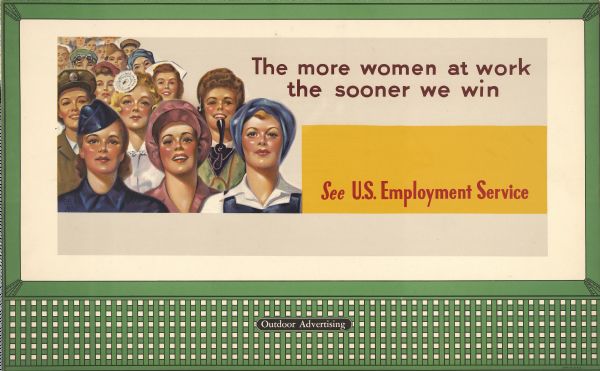 War Manpower Commission Design No. 4, "Women at Work." The poster features a crowd of women in various work uniforms lined up along the left border. The subtitle below the main caption reads: "See U.S. Employment Service."