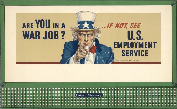 War Manpower Commission Design No. 3, "Uncle Sam." The poster features Uncle Sam pointing toward the audience. The subtitle below the main caption reads: "See U.S. Employment Service."