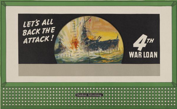 Treasury Design No. 33, "Periscope View - 4th War Loan." The poster features a Japanese battle ship under attack as seen through a periscope.