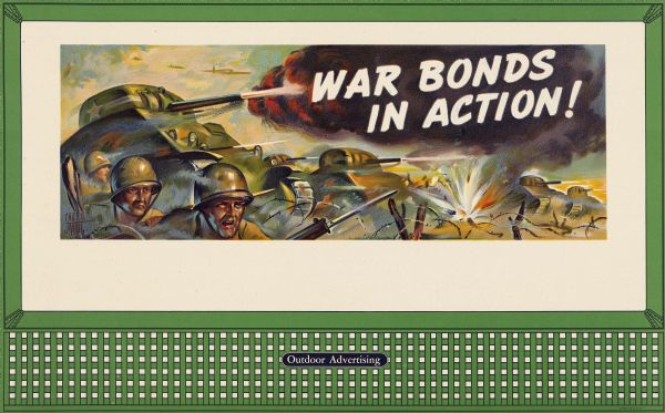 Treasury Design No. 31, "Tanks in Action." The poster features tanks and soldiers pressing forward in a battle scene.