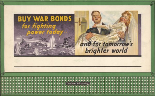 Treasury Design No. 29, "Wedding." The poster features two contrasting scenes. On the left is a dark naval battle commencing on stormy waters. On the right is the bright and cheerful scene of a young man carrying his bride over the threshold.