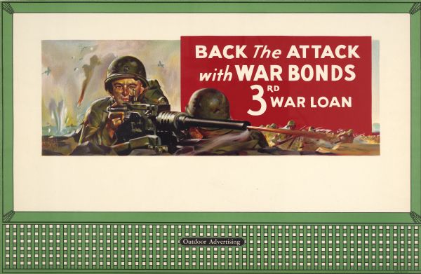 Treasury Design No. 27, "Soldiers." The poster features a soldier on the ground firing a large gun over the shoulder of a second soldier facing him, perhaps watching the other man's back. In the background foot troops are marching into battle while an aerial battle is already underway.