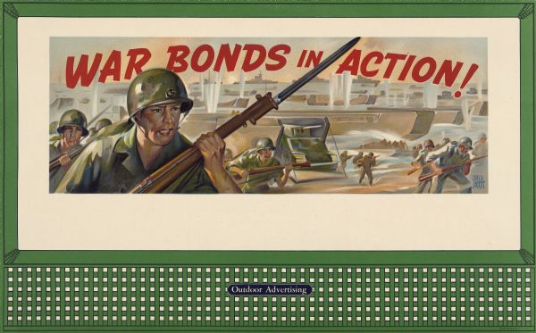 Treasury Design No. 26, "Invasion." The poster features ships landing on the coast and soldiers racing up the beach as explosions rain down around them.