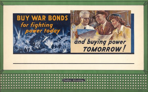 Treasury Design No. 25, "Blue Prints." The poster features two contrasting scenes. On the left is an explosive battle scene in shades of dark blue. On the right is the bright and cheerful scene of a young couple peering at a blueprint an older scientist is showing them.
