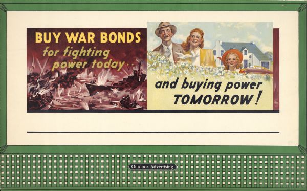 Treasury Design No. 24, "Happy Family." The poster features two contrasting scenes. On the left is a naval battle commencing on stormy waters in shades of dark and muted red. On the right is the bright and cheerful scene of a father, mother, and daughter in a field of flowers, with a large home and car in the background.