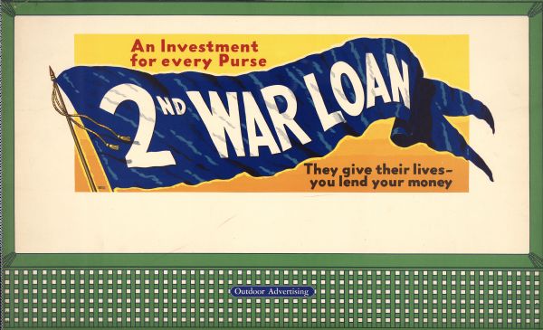 Treasury Design, unknown title and number. The poster features a waving blue flag with the words "2nd War Loan" printed on it in white.
