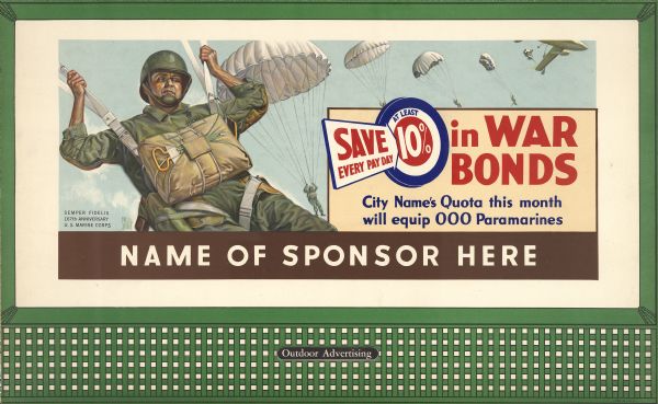 Treasury Design No. 19, "Paramarine." The poster features a group of paramarines in the air. In the bottom left corner are the words "Semper Fidelis, 167th Anniversary, U.S. Marine Corps." Remaining text is customizable. Beneath the main caption is "City Name's Quota this month will equip 000 Paramarines" and along the bottom border is "Name of Sponsor Here."