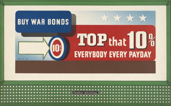 Treasury Design No. 20A, "Top That 10%." The poster features a simple text-based design, with some geographic shapes and stars. The primary color scheme is red, white, and blue.