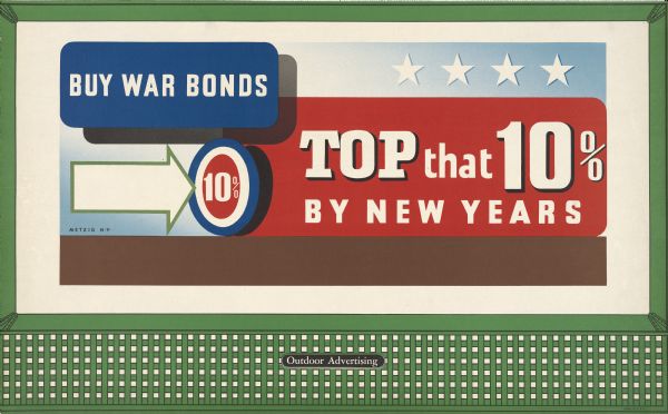 Treasury Design No. 20B, "Top That 10%." The poster features a simple text-based design, with some geographic shapes and stars. The primary color scheme is red, white, and blue.