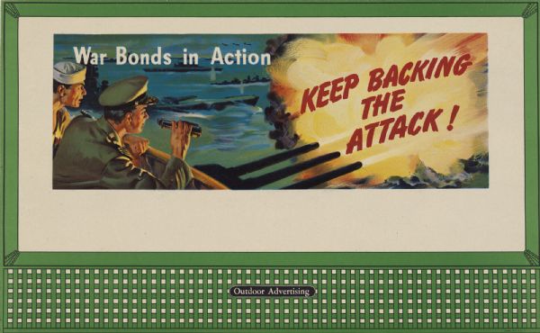 Treasury Design No. 31. The poster features naval warfare, with many ships in the background and a sailor and officer in the foreground. One sailor is peering through binoculars as their battleship fires its massive guns with explosive results.
