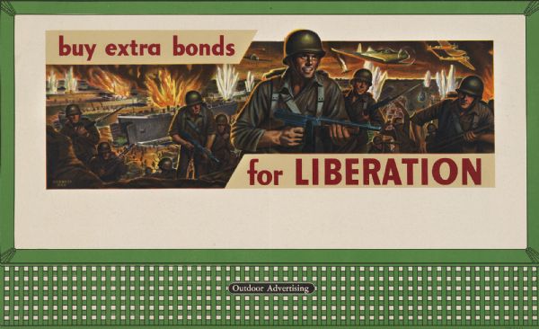 Treasury Design No. 42, "Advancing Soldiers." The poster features a combat scene, with ships landing on shore, aircraft soaring along the horizon, and armed soldiers advancing up an incline. A credit to Garrett Orr appears in the bottom left hand corner.