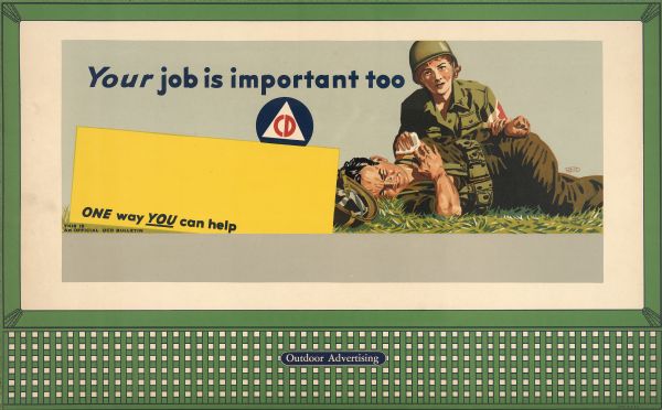 Office of Civilian Defense Design No. 8, "The Nurse." The poster features a nurse tending to a fallen soldier. The subtitle at the bottom of the poster reads: "One way you can help. This is an official OCD bulletin."