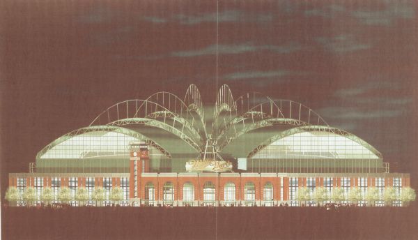 Artist's rendering of the home plate elevation at Miller Park Stadium. Depicts exterior of stadium at night.