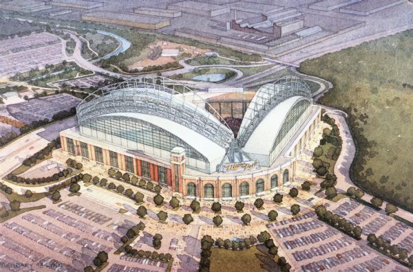 Lynn Sneary's artistic rendering of an overhead front view of Miller Park Stadium.