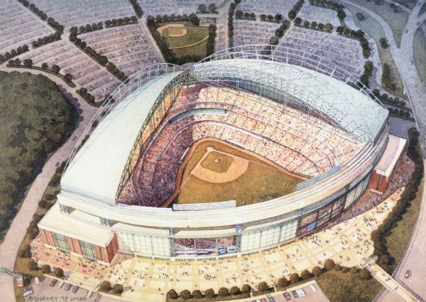 Lynn Sneary's artistic rendering of an overhead rear view of Miller Park Stadium.