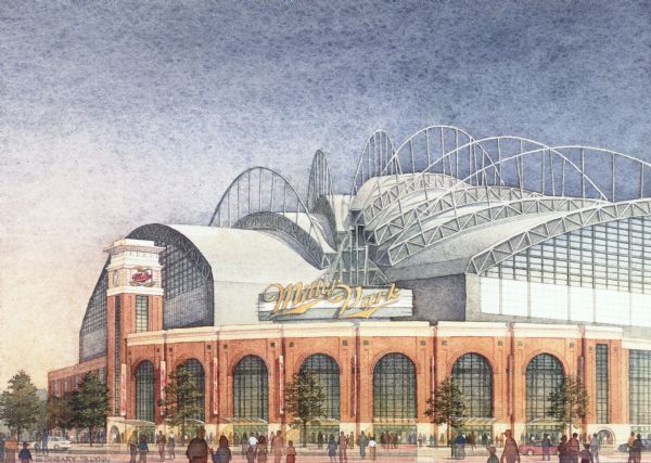 Lynn Sneary's artistic rendering of a ground level front view of Miller Park Stadium.