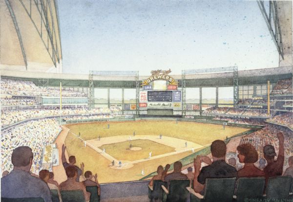 Lynn Sneary's artistic rendering of an inside baseball field and scoreboard from spectator's seats of Miller Park Stadium.