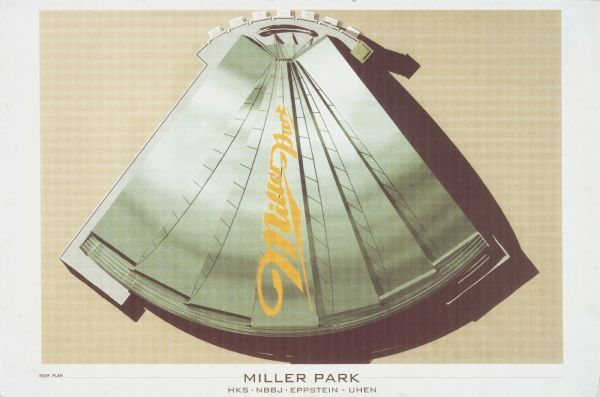 Artist's rendering of an aerial view of Miller Park Stadium's roof with a Miller Park logo.