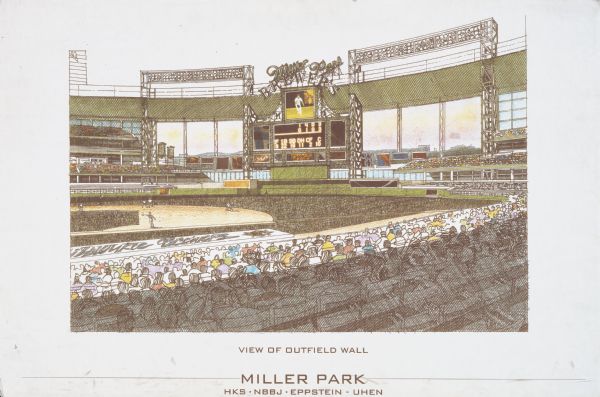 Artist's rendering of a view from the stands looking toward the outfield wall of Miller Park Stadium, which includes the scoreboard.