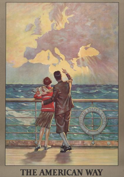 An original lithograph depicting a scene aboard a United States Lines passenger ship, featuring a man and a woman looking toward the ocean's horizon.