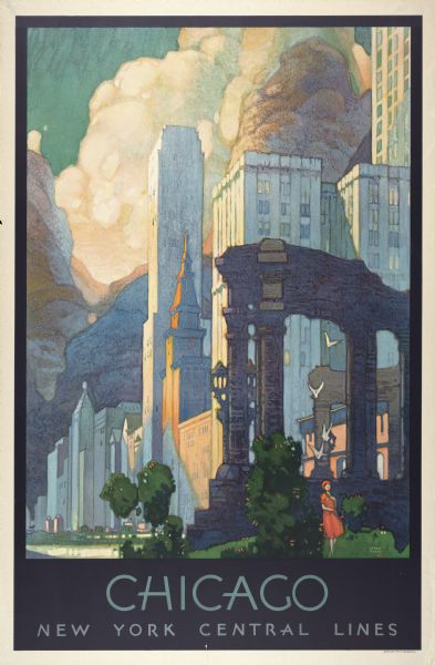 An original lithograph promoting New York Central Lines railway and the city of Chicago.  Featuring the artist Leslie Ragan, the poster depicts the buildings of Chicago under a blanket of clouds, and in the foreground, Ragan includes a small garden or park surrounding a woman dressed in red.