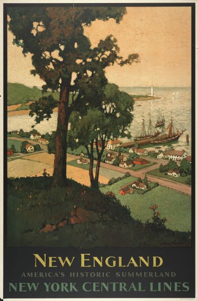 An original lithograph promoting New York Central Lines railway and the area of New England, deemed "America's Historic Summerland" in the poster. Featuring the artist Anthony Hansen, the poster depicts the countryside and shoreline of New England, with lighthouses and docked ships in the background.
