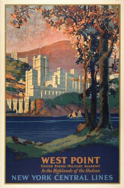 An original lithograph promoting New York Central Lines railway and the West Point military academy, in a location described as being "In the highlands of the Hudson." Featuring the artist Frank Hazell, the poster depicts the West Point Military Academy castle-like structure in the background, with foliage and two sailboats on the Hudson River in the foreground.