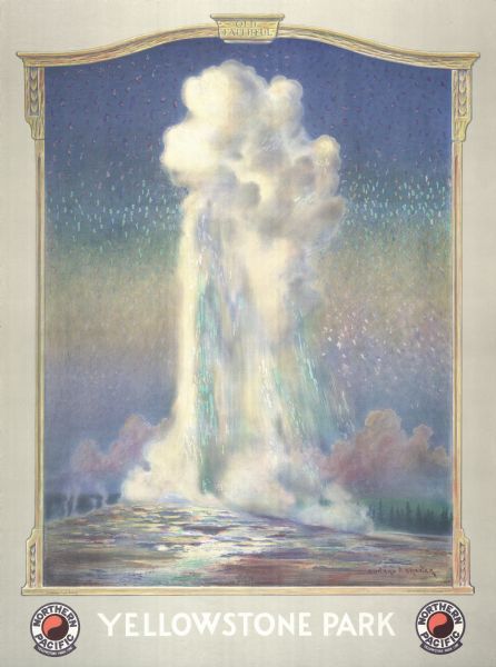 An original lithograph promoting the Northern Pacific Railway's Yellowstone Park line. Featuring the work of artist Edward Brener, the poster depicts the Old Faithful Geyser erupting into the sky above.