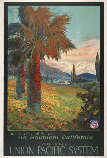 An original lithograph promoting the South Pacific System railway and southern California. Featuring the artist M. Gundlach, the poster depicts the rolling hills of southern California, including vibrant colored palm trees in the foreground, golfers in the middle ground, and mountains in the far distance. Text at bottom reads: "Kindly skies all the year — in Southern California, Go Via — Union Pacific System."