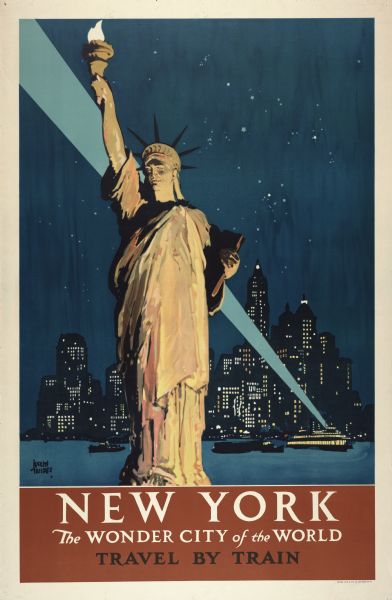 An original lithograph promoting both New York City as "the wonder city of the world," and train travel. Featuring the artist Adolph Treidler, the poster depicts the Statue of Liberty standing tall in front of the New York City skyline. In the harbor a boat aims a flood light beam into the night's sky.