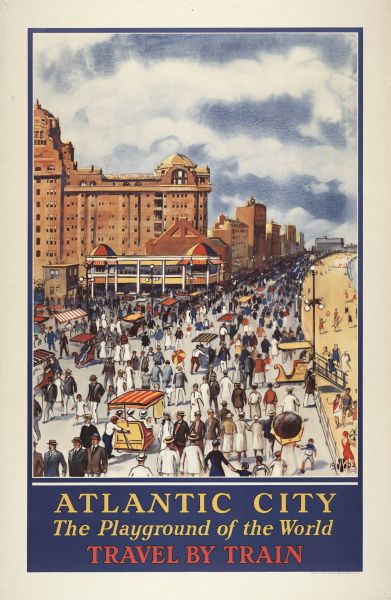 An original lithograph promoting Atlantic City as "the playground of the world," and to get there by way of train travel. The poster depicts the buildings and the Traymore Hotel along the left, and features crowds of well-dressed men, women, and children on the boardwalk. On the right are people on the beach along a coastline that stretches into the far distance.