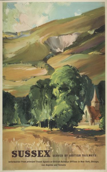 An original lithograph promoting the British Railways through an artist's depiction of the countryside of Sussex, featuring a small church surrounded by a grove of trees in the middle-ground, and a hill or mountain in the background.